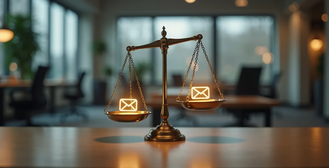 Balance de la justice avec une lettre recommandée électronique en arrière-plan