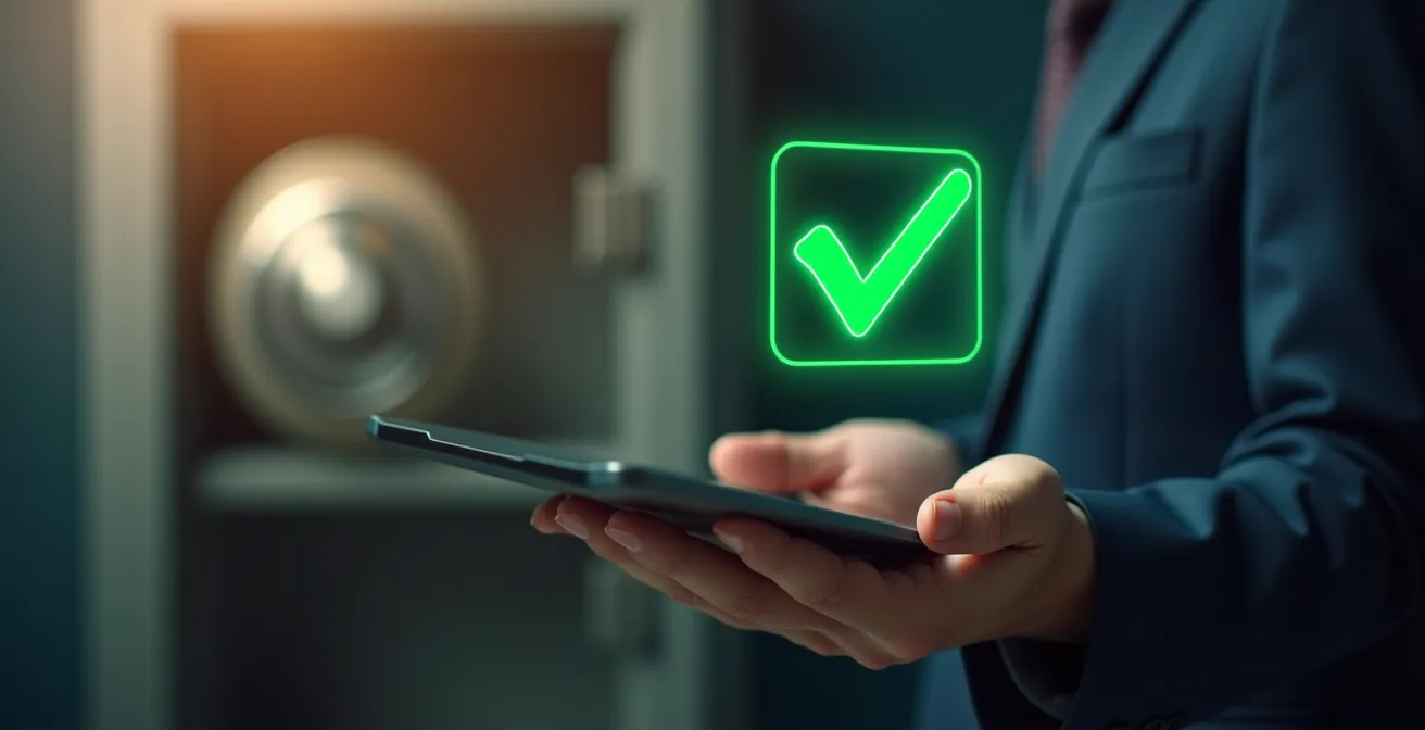 Main tenant une tablette indiquant le consentement numérique et un coffre-fort numérique en arrière-plan