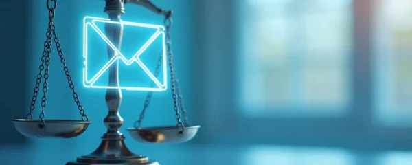 Illustration conceptuelle de la lettre recommandée électronique avec balance de la justice et connexion numérique