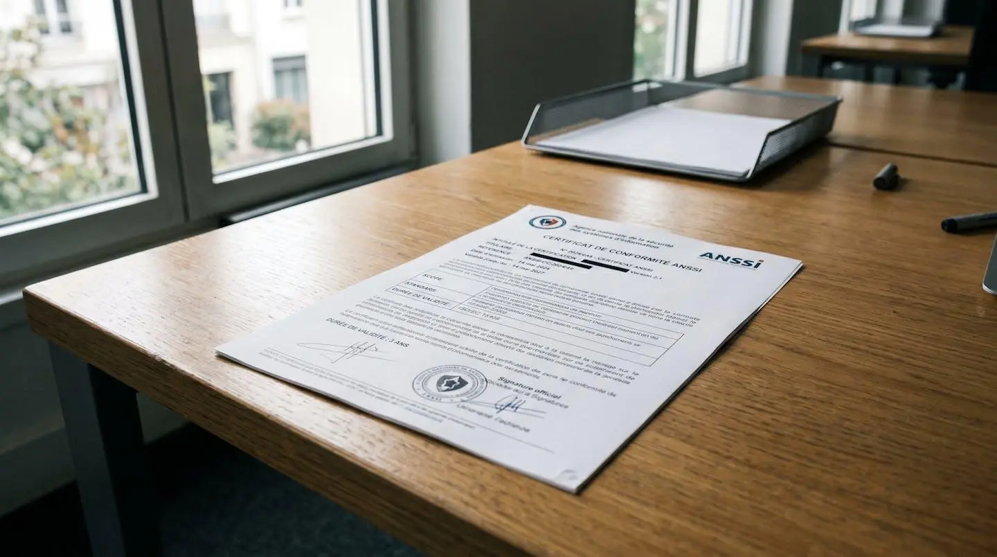 Certificat ANSSI et document officiel Légifrance posés sur un bureau avec lumière naturelle