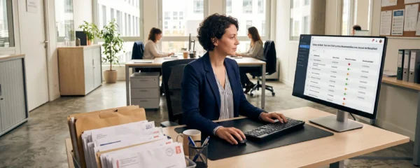 Responsable administrative dans un bureau moderne consultant une interface de suivi de lettres recommandées électroniques sur son ordinateur