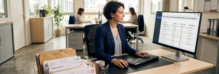 Responsable administrative dans un bureau moderne consultant une interface de suivi de lettres recommandées électroniques sur son ordinateur