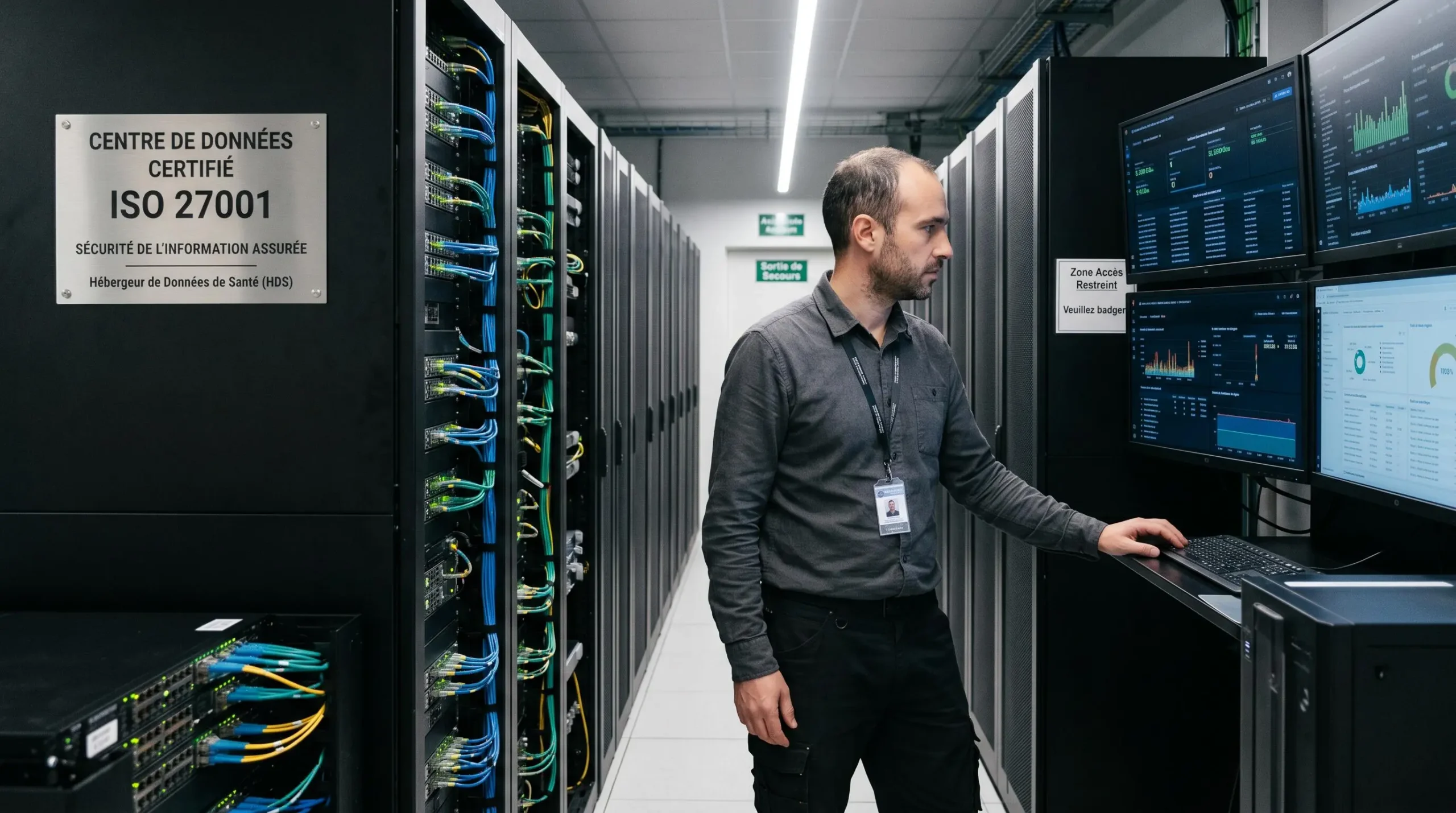 Technicien dans un data center sécurisé certifié ISO 27001 supervisant l'infrastructure d'archivage